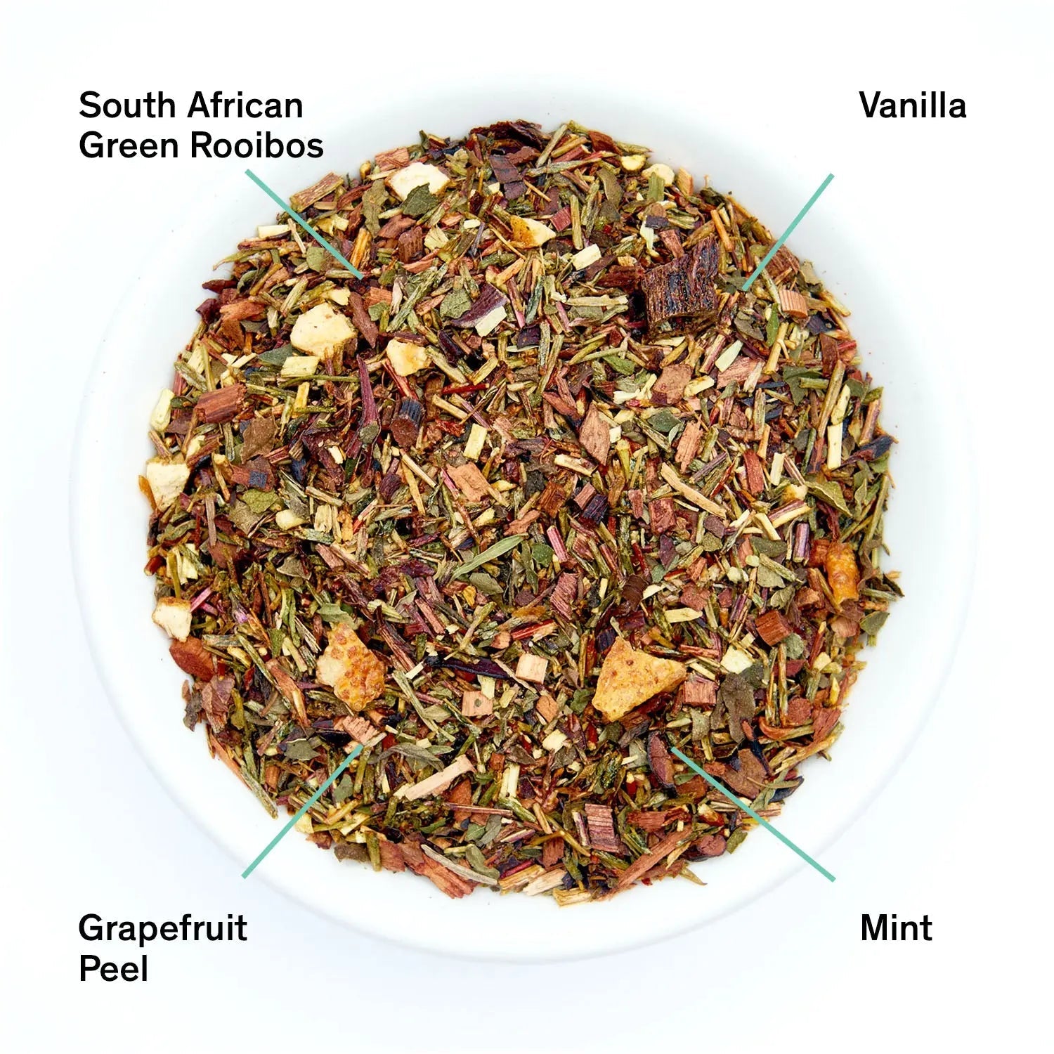 Vanilla grapefruit mint rooibos tea leaves in a bowl