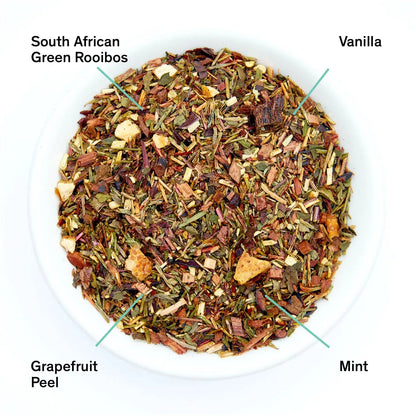 Vanilla grapefruit mint rooibos tea leaves in a bowl
