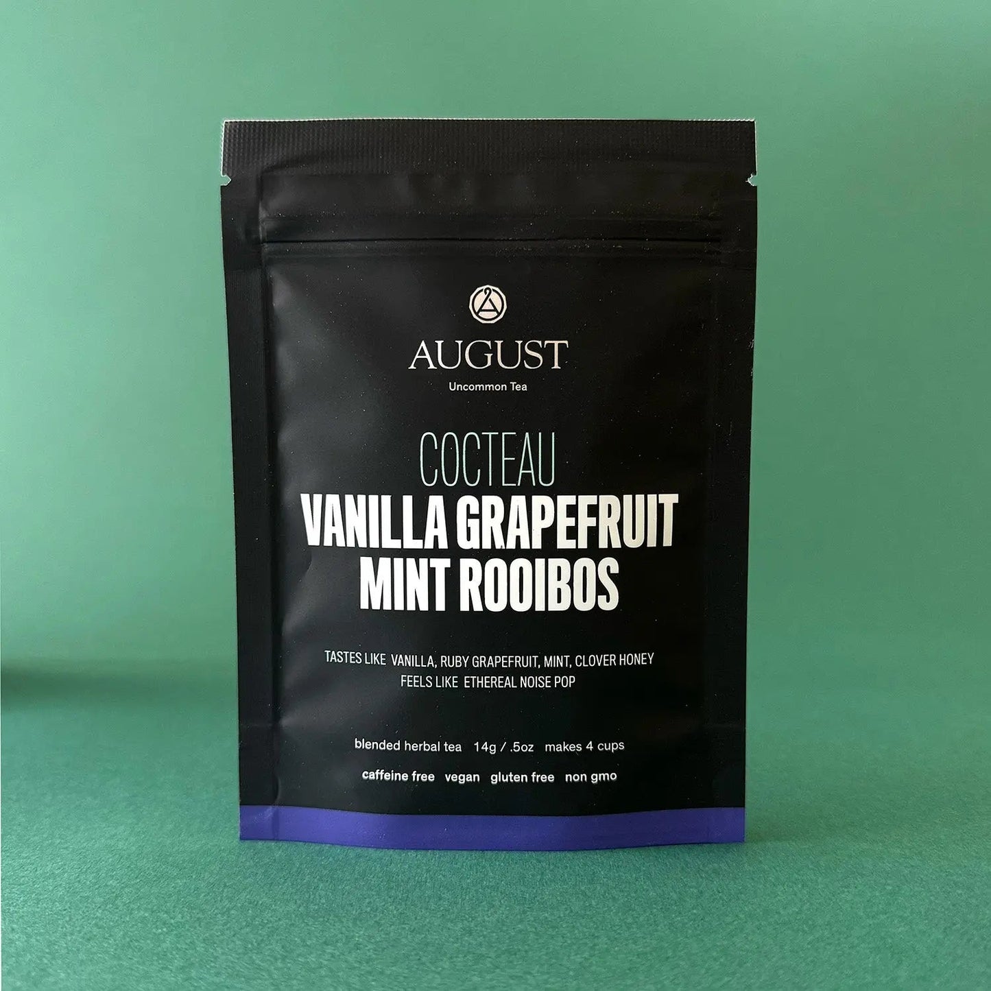 Vanilla grapefruit mint rooibos tea bag, caffeine-free, with purple seal at bottom