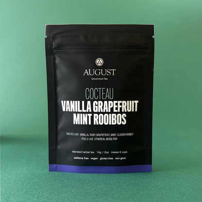 Vanilla grapefruit mint rooibos tea bag, caffeine-free, with purple seal at bottom