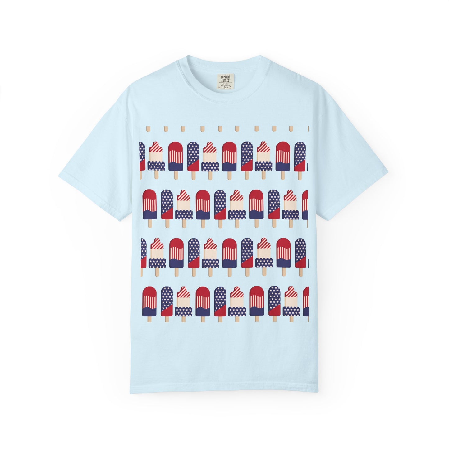Light blue T-shirt with popsicle-themed American flag graphic across the chest