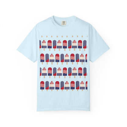 Light blue T-shirt with popsicle-themed American flag graphic across the chest