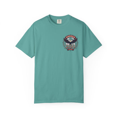 Teal T-shirt with round eagle 250 emblem graphic on the chest