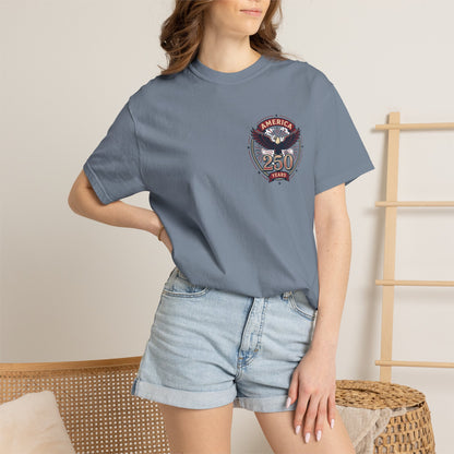 Blue T-shirt with America 250 Years eagle emblem graphic, worn by model