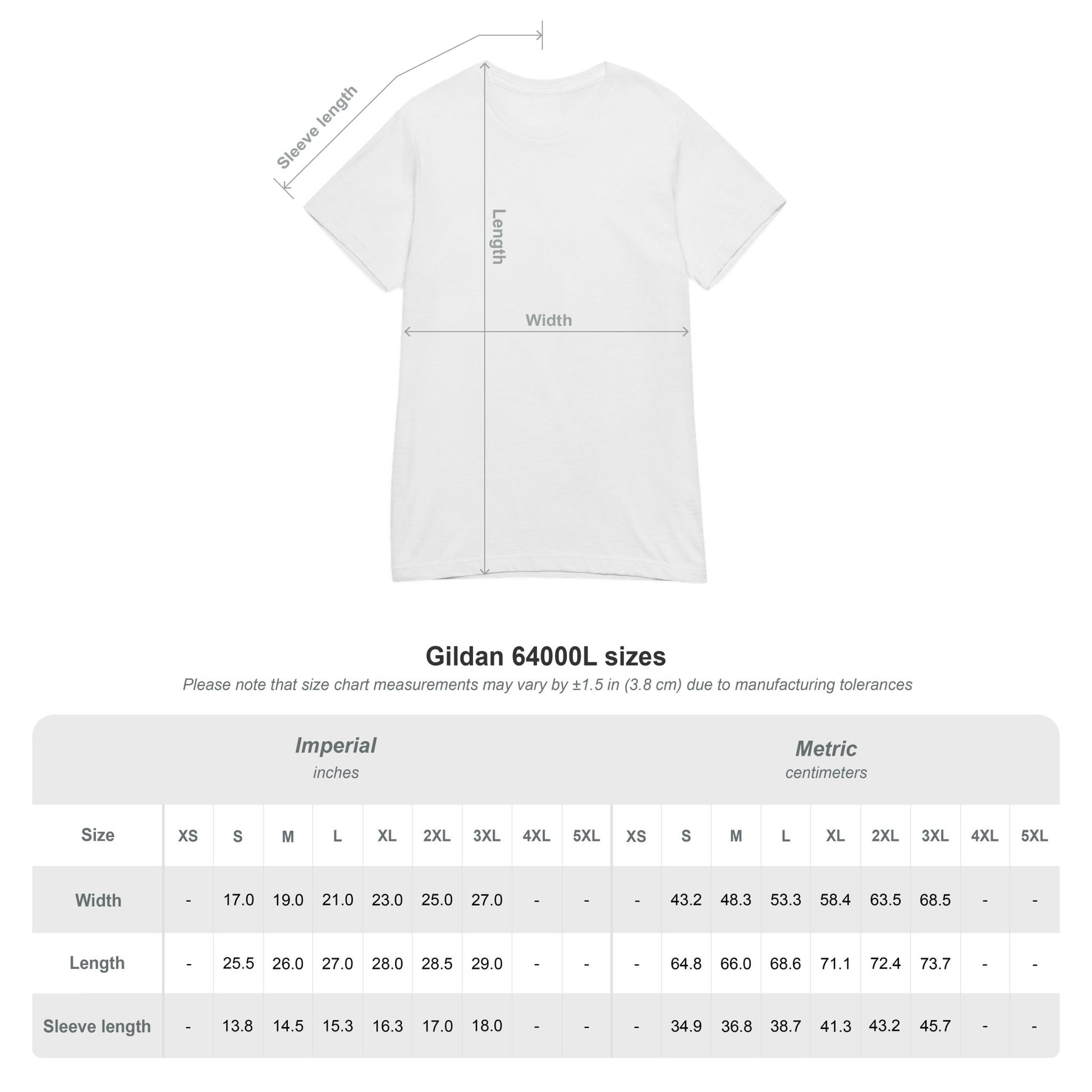 White short-sleeve crewneck T-shirt with size chart overlay