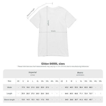 White short-sleeve crewneck T-shirt with size chart overlay