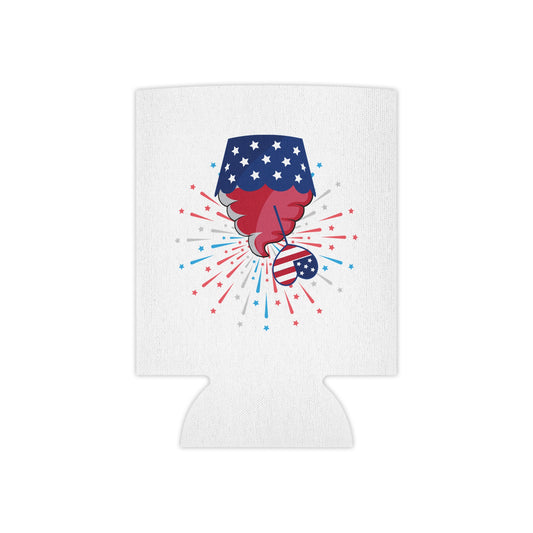 White wine can cooler with cartoon patriotic face, fireworks and stars in blue/red