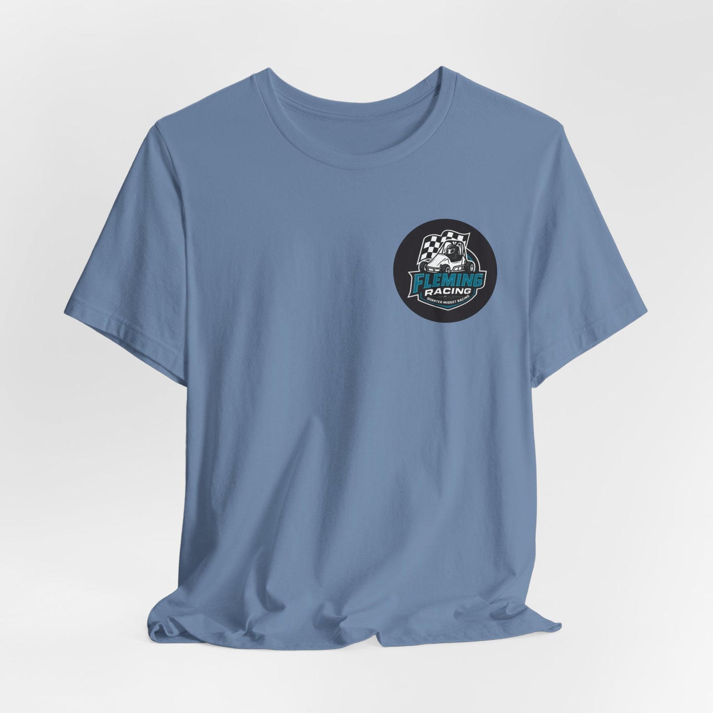 Blue racing logo T-shirt with Fleming Racing car emblem