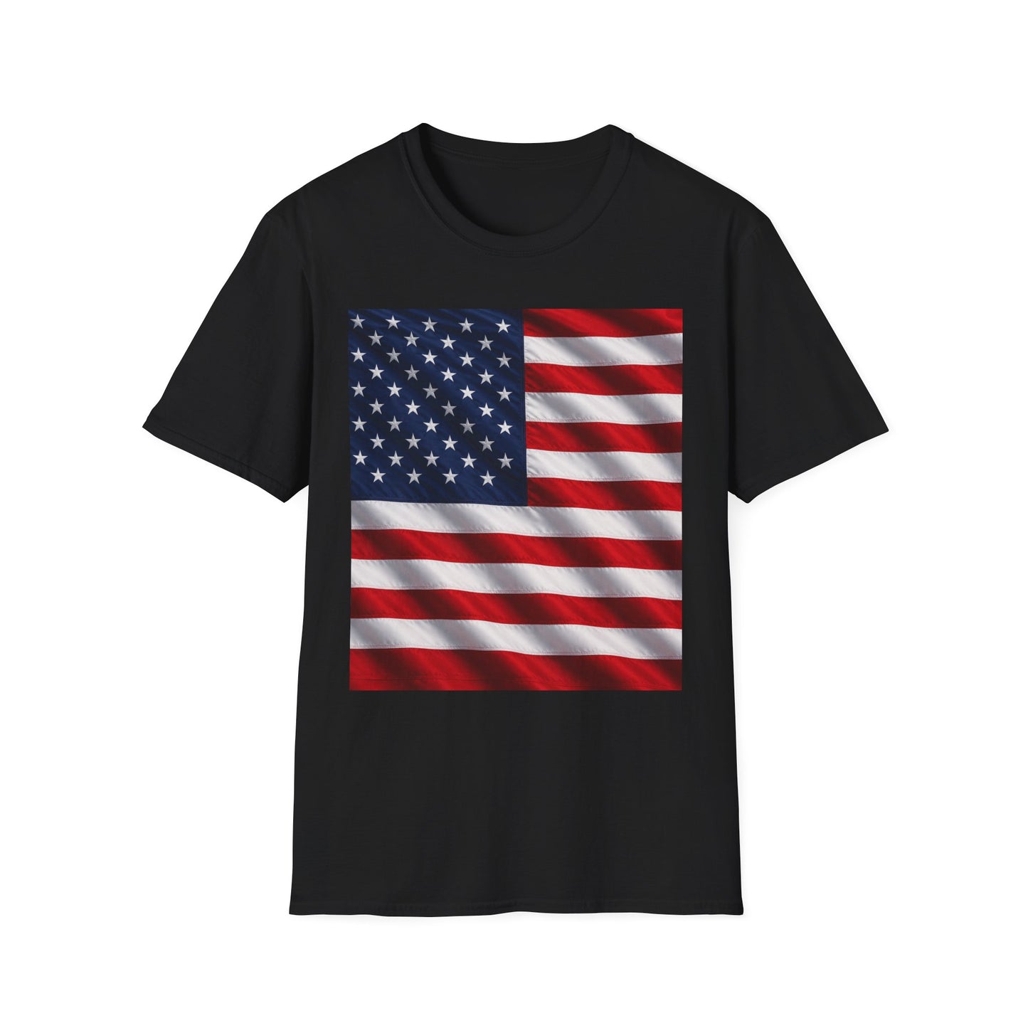 Black crew-neck T-shirt with American flag graphic square print on the front