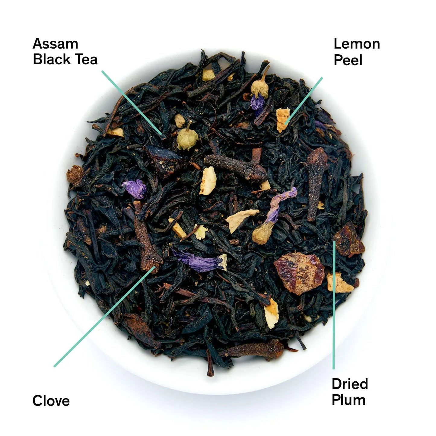 Loose black tea leaves with dried plum and cloves in a bowl