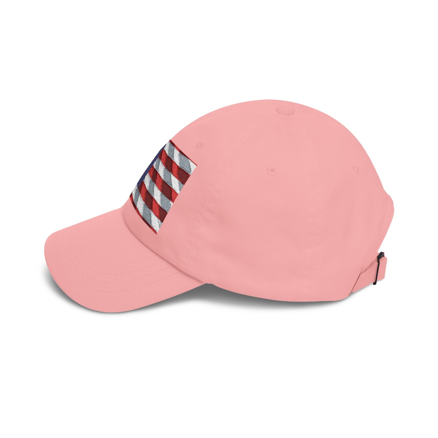 Pink dad cap with distressed American flag patch on side panel, curved brim