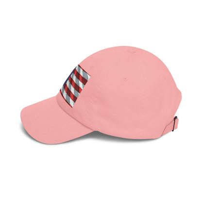 Pink dad cap with distressed American flag patch on side panel, curved brim