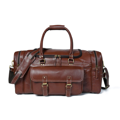 Brown leather weekender duffel with front organizer flap and buckled strap ends