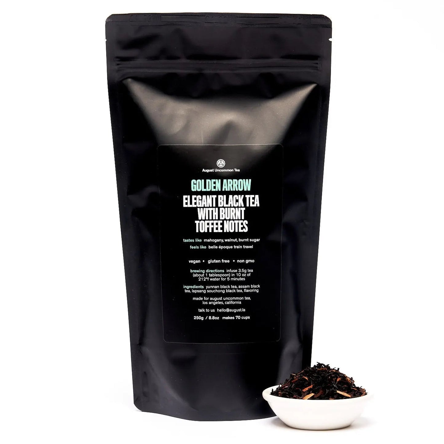 Golden Arrow black tea pouch, back panel with serving and ingredient info