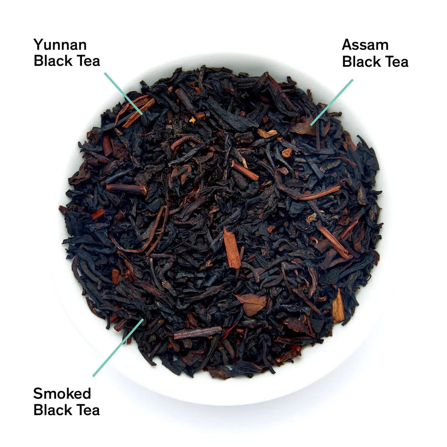 Smoked black tea leaves in a bowl with small toasted bits