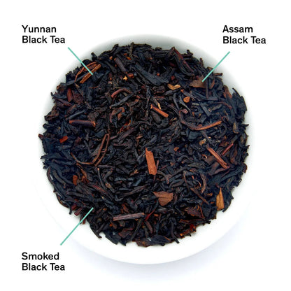 Smoked black tea leaves in a bowl with small toasted bits