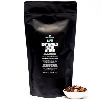 Back of black tea pouch with ingredient and caffeine-free details, by August.