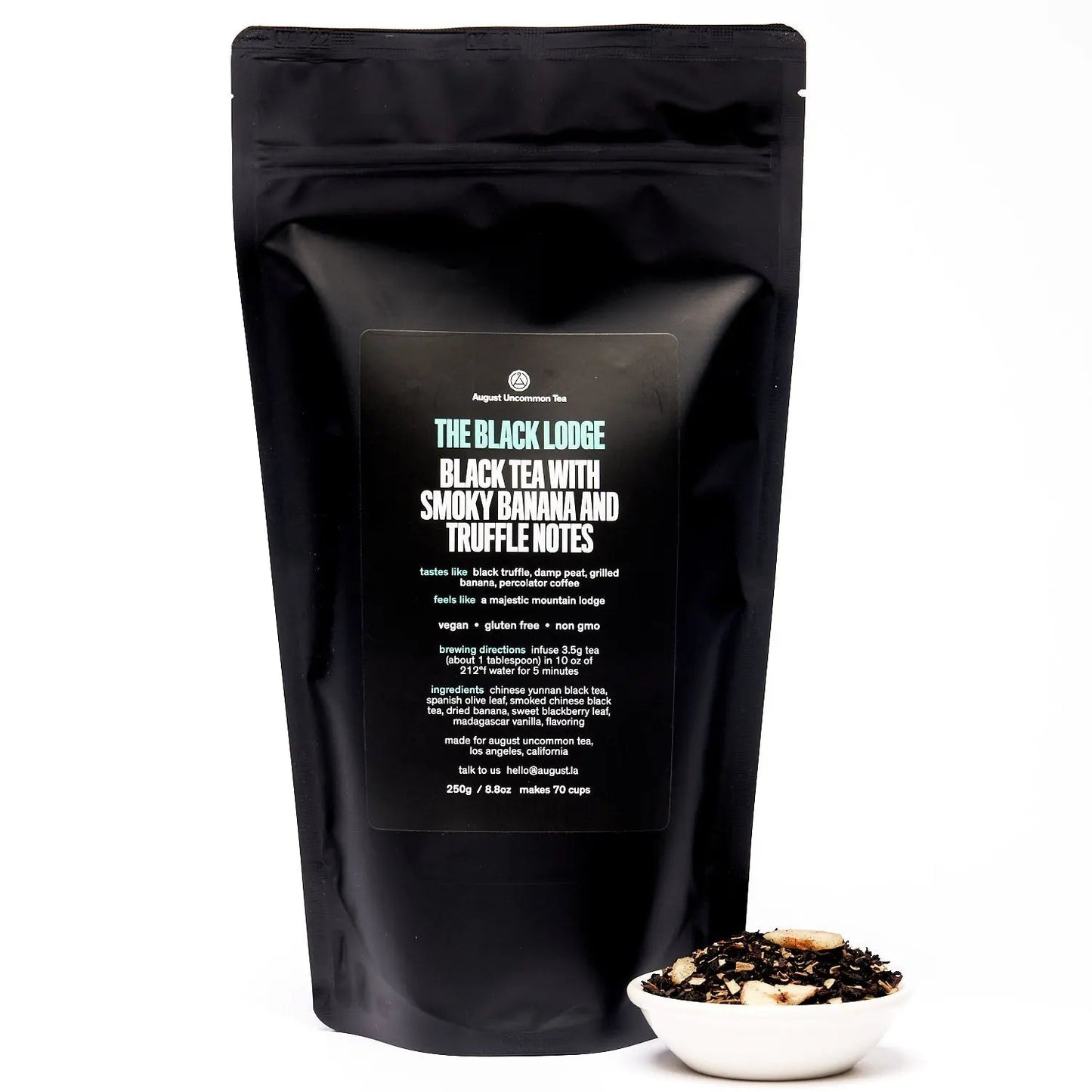 Black tea pouch with back label; smoky banana black tea in a small cup