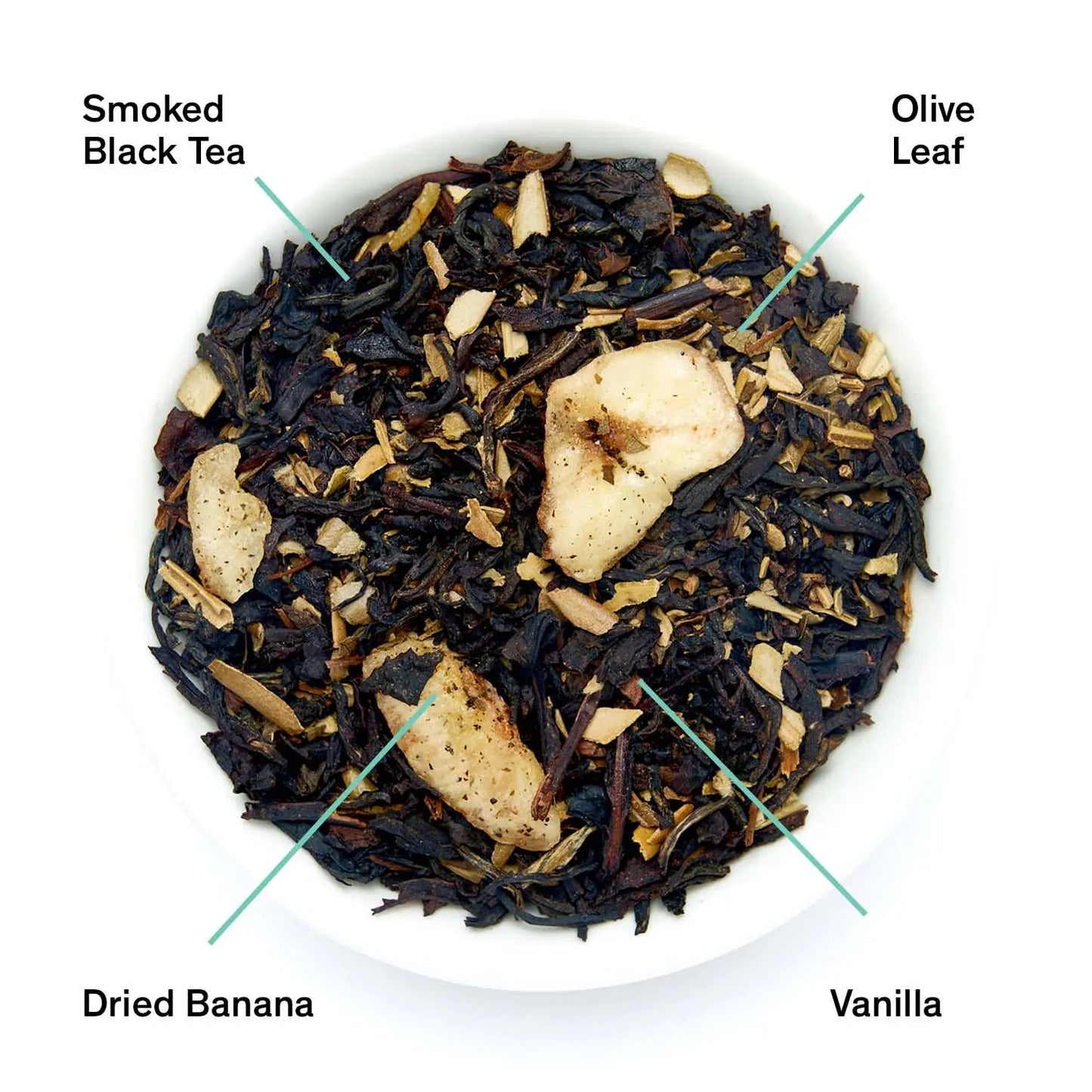Smoky banana black tea leaves with dried banana pieces in a bowl