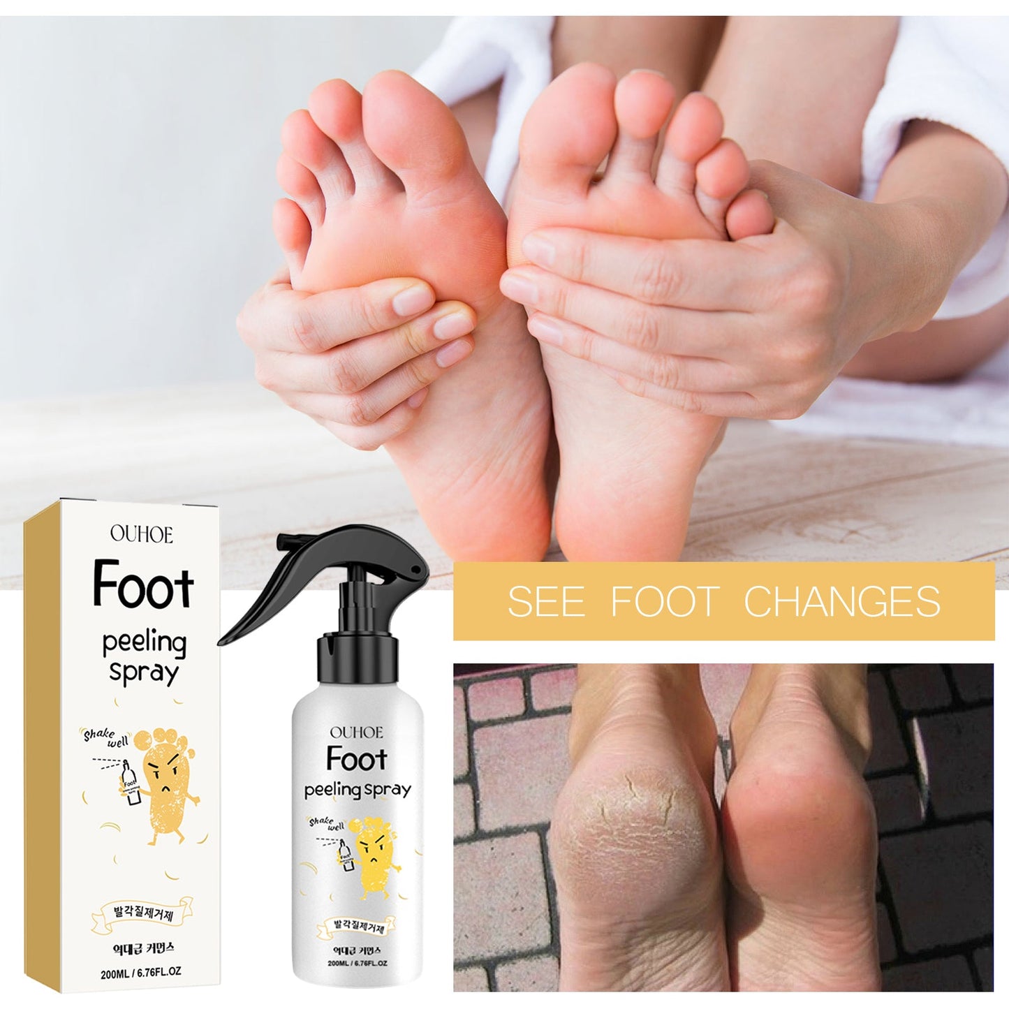 Foot exfoliating spray bottle and retail box near bare feet, skin texture detail