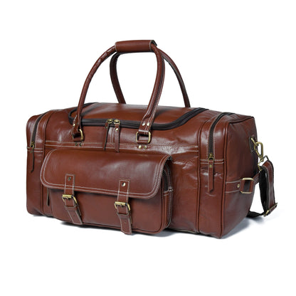 Brown leather weekender duffel with top handle, front flap pockets, and side strap