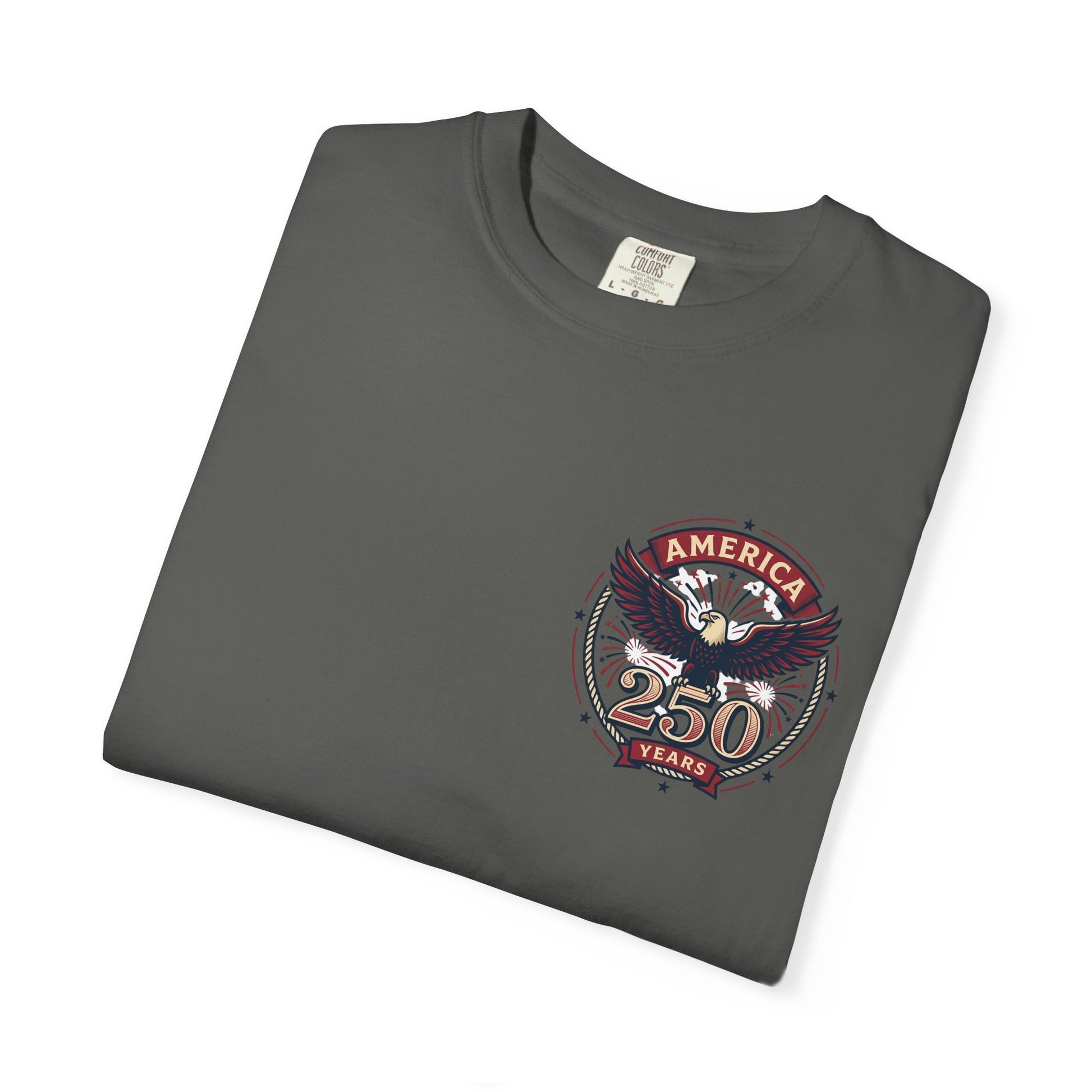 Dark gray T-shirt with round “America 250 Years” emblem on the chest