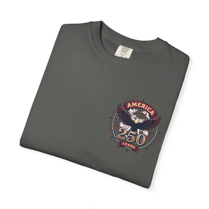 Dark gray T-shirt with round “America 250 Years” emblem on the chest