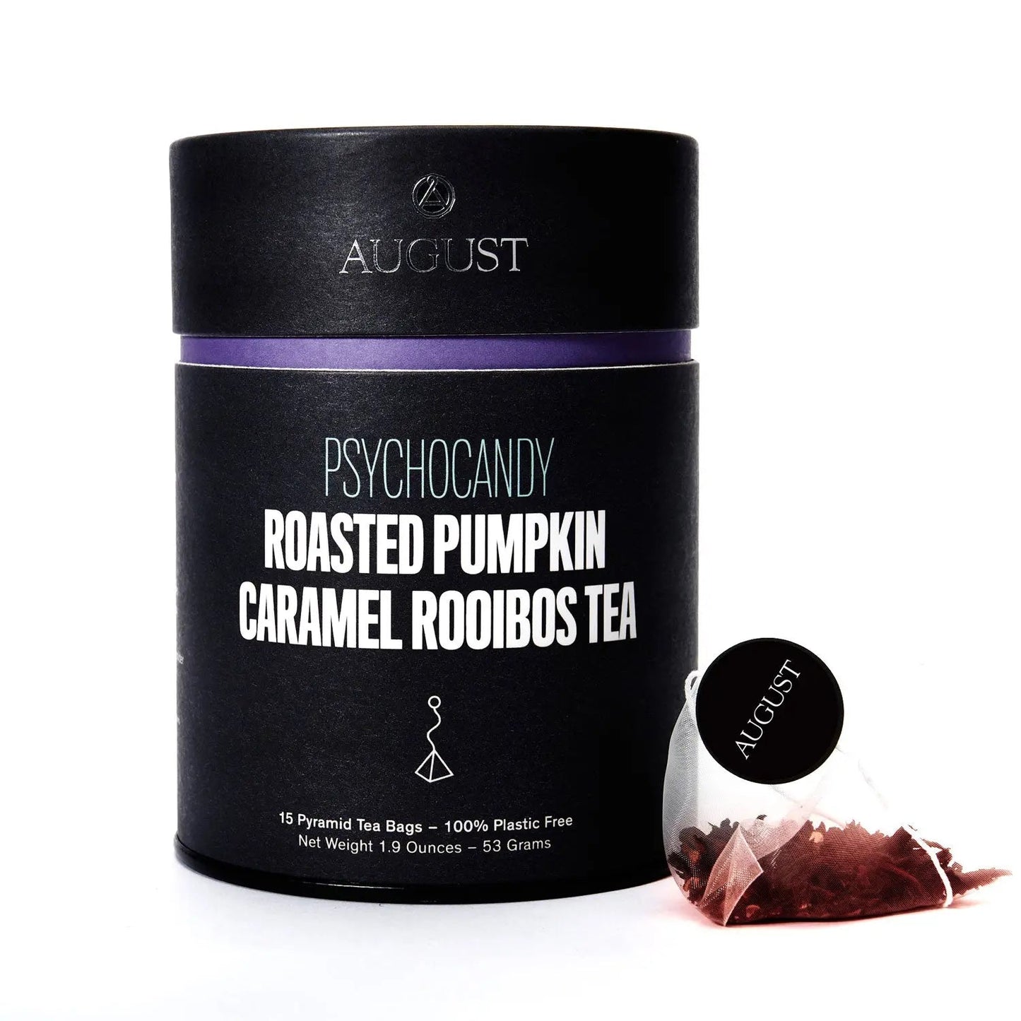 Black tea tin with purple band and roasted pumpkin caramel rooibos tea label