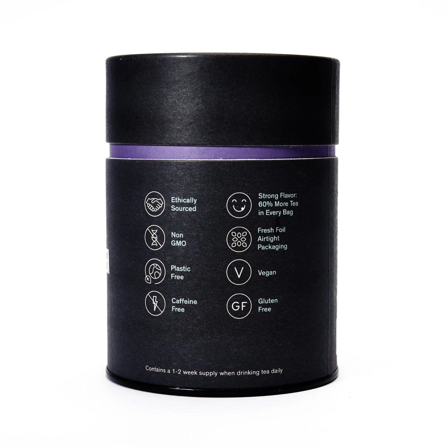 Back of black tea tin with dietary icons including caffeine-free, vegan, and gluten-free
