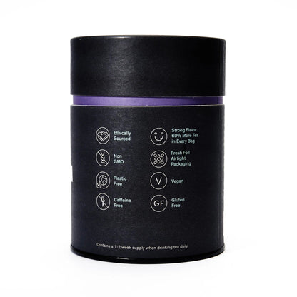 Back of black tea tin with dietary icons including caffeine-free, vegan, and gluten-free
