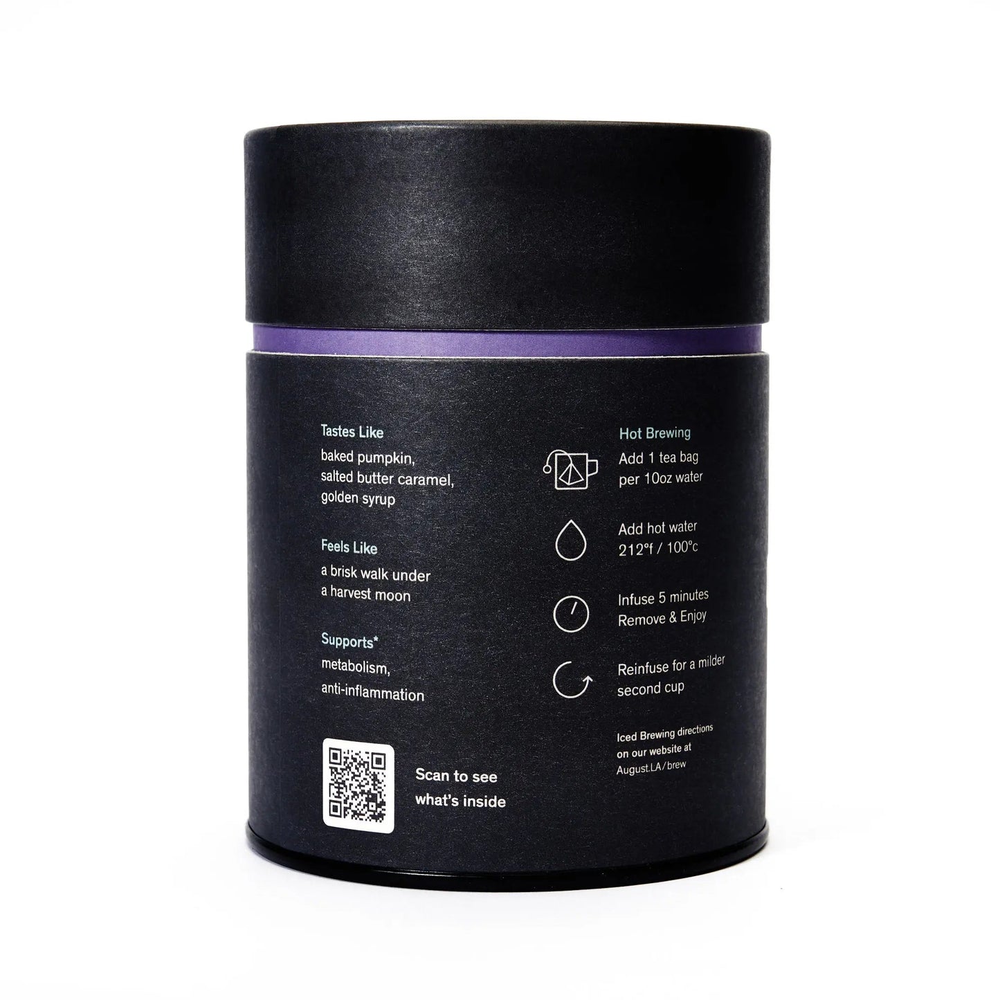 Back of black tea tin with brewing steps, tasting icons, and a QR code