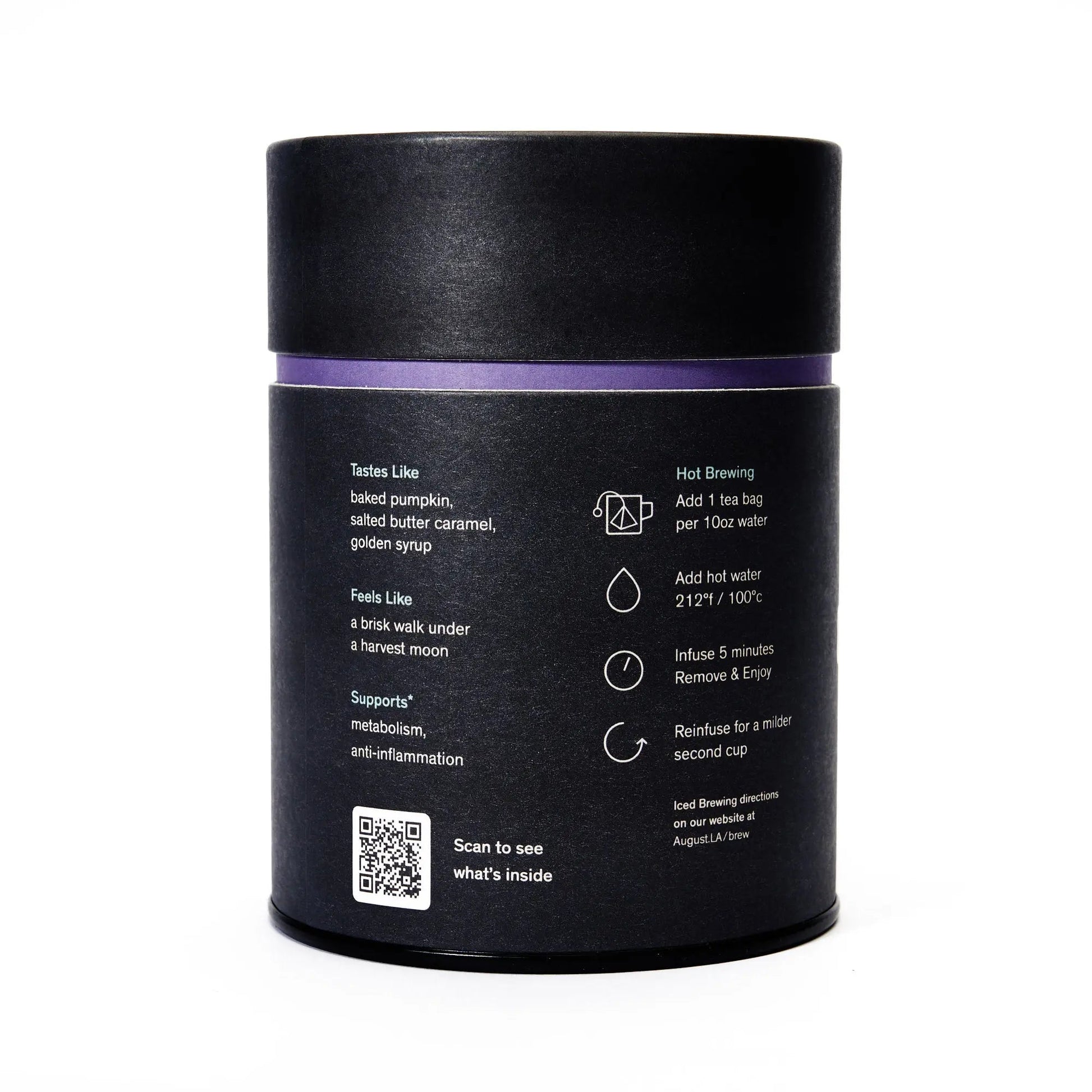 Back of black tea tin with brewing steps, tasting icons, and a QR code