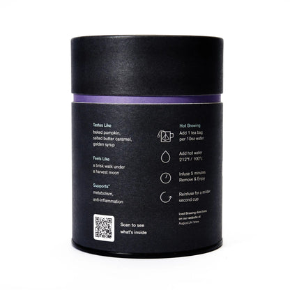 Back of black tea tin with brewing steps, tasting icons, and a QR code