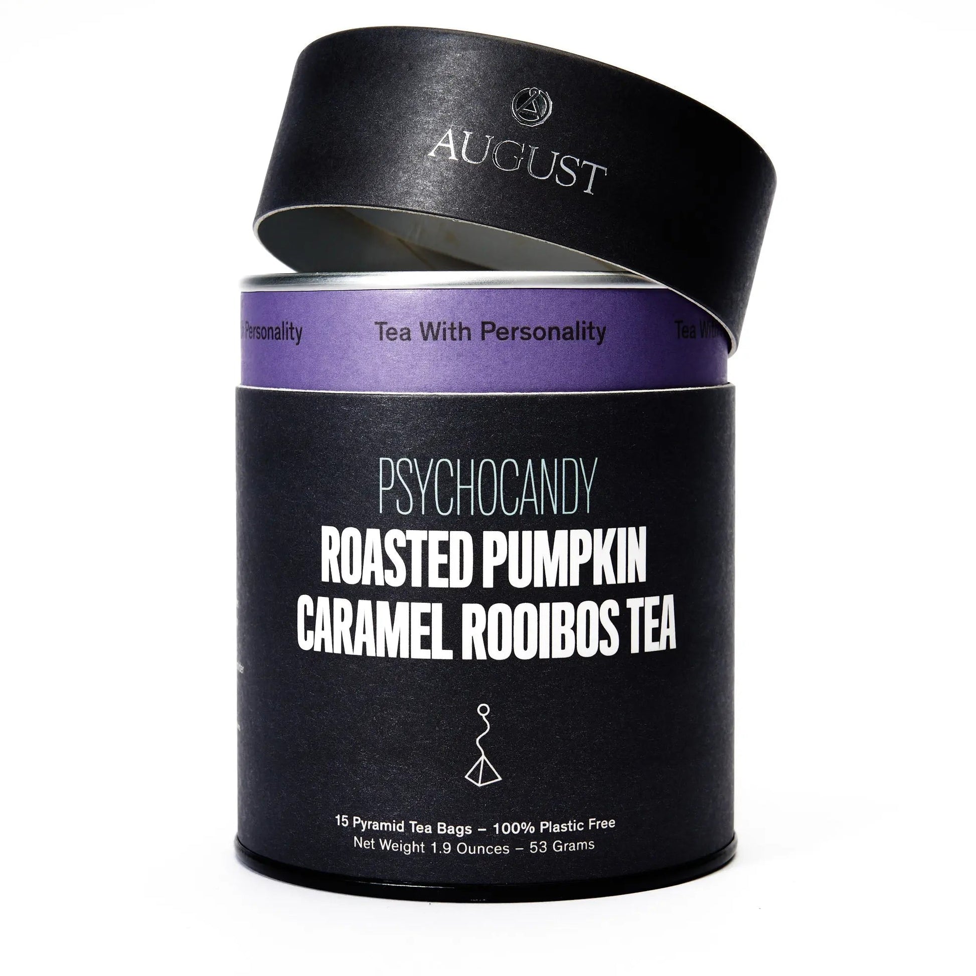 Black tea tin with purple band and roasted pumpkin caramel rooibos tea label