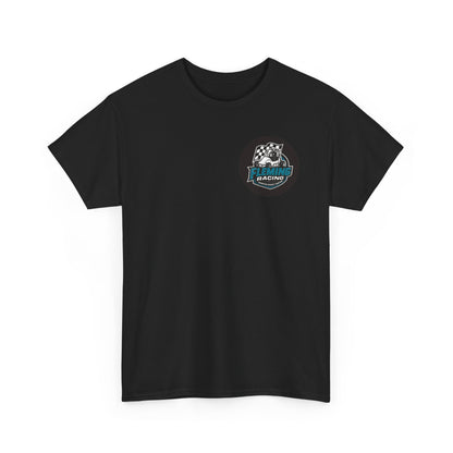 Black crewneck T-shirt with small circular Fleming Racing logo on chest