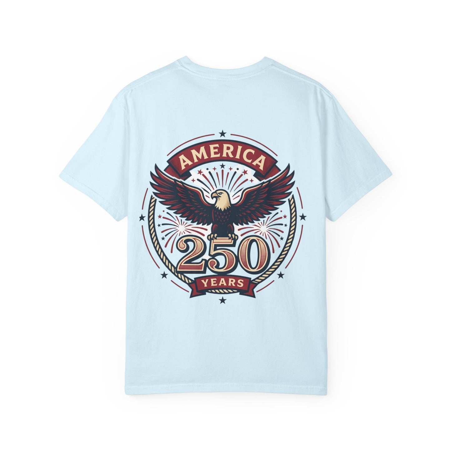 Light blue unisex T-shirt with vintage eagle badge graphic reading 250 years