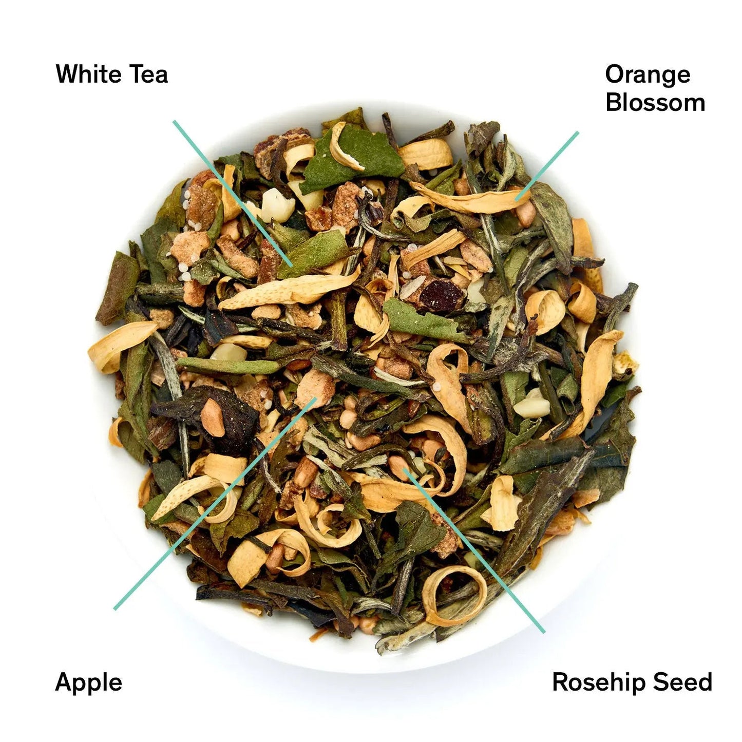 Loose white tea blend with orange blossom, apple pieces, and rosehip seed