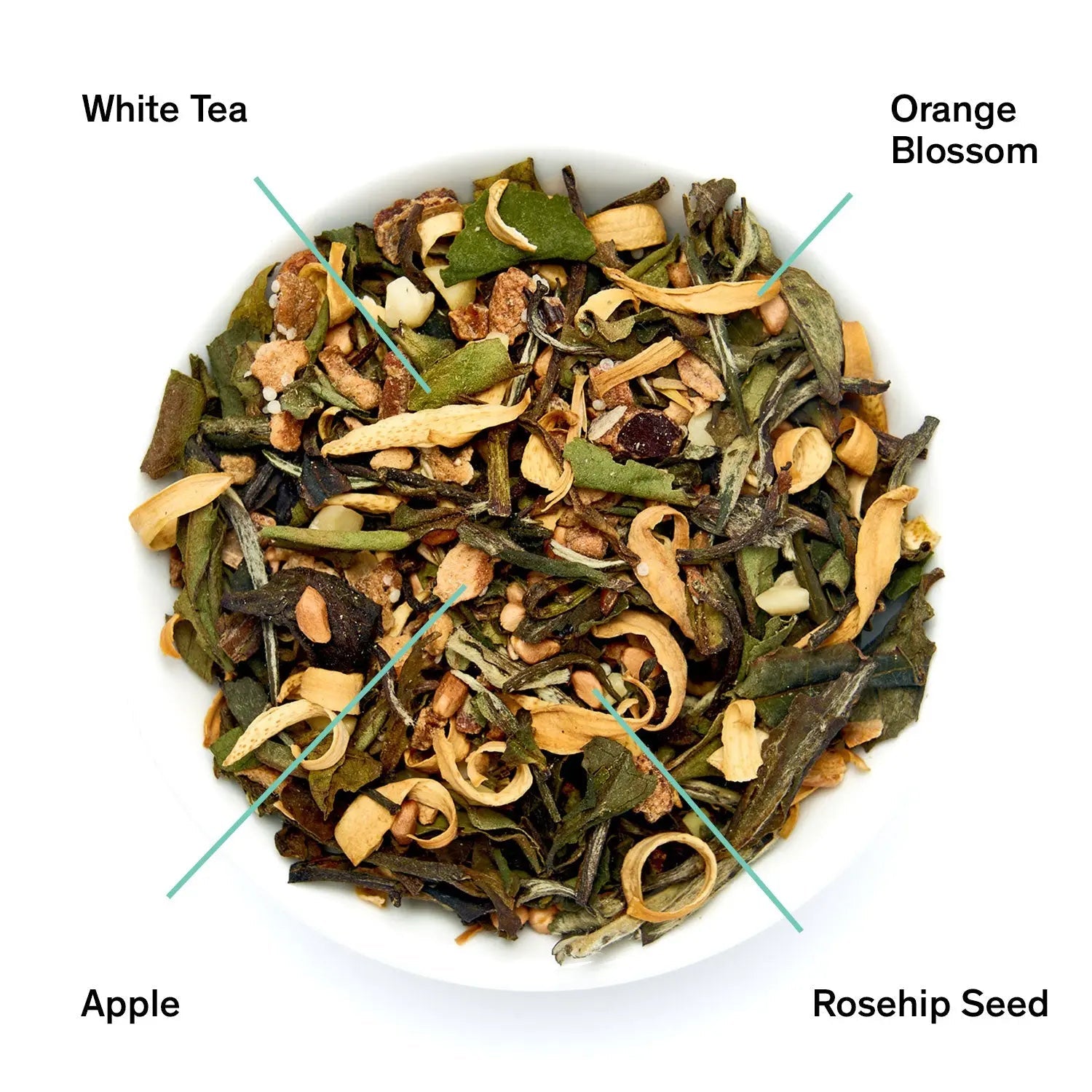 Loose white tea blend with orange blossom, apple pieces, and rosehip seed