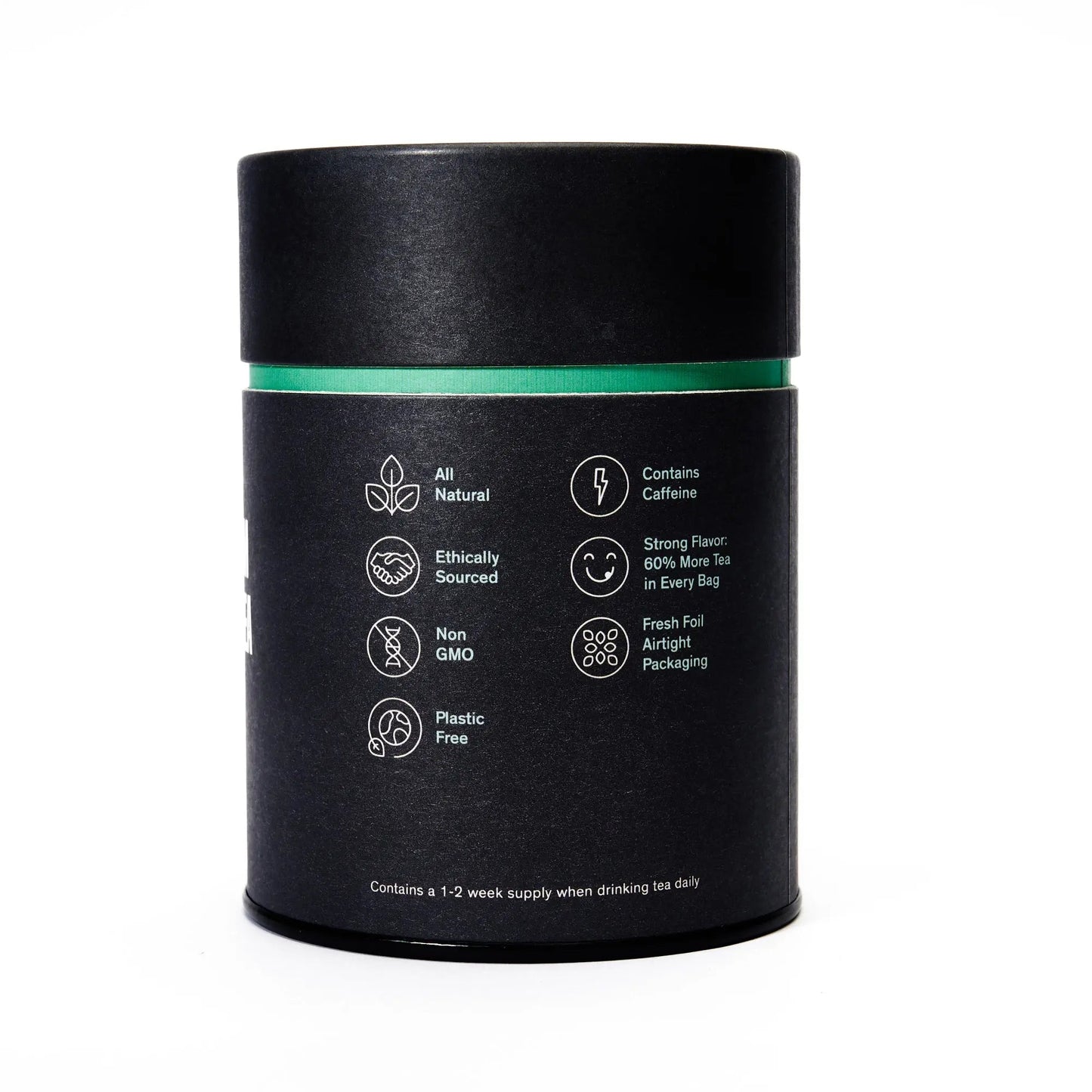 Know By Heart tea canister back with icons for caffeine, non-GMO, and plastic-free