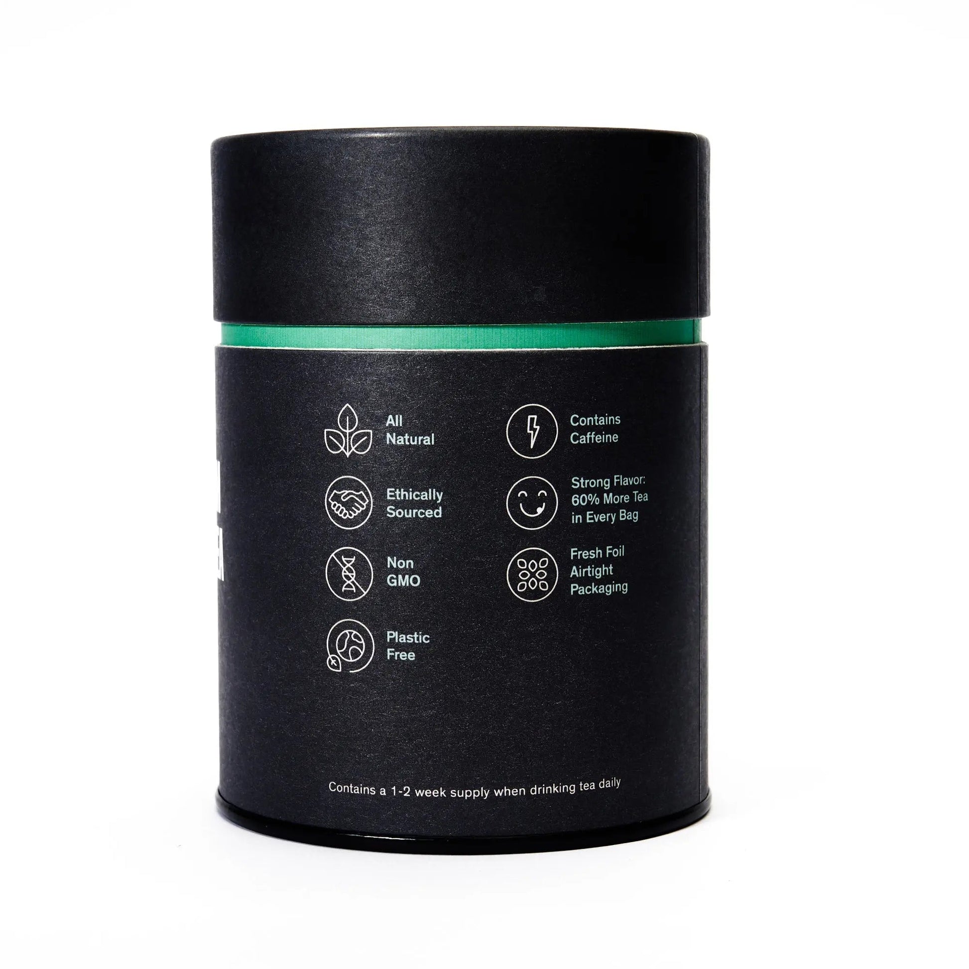 Know By Heart tea canister back with icons for caffeine, non-GMO, and plastic-free