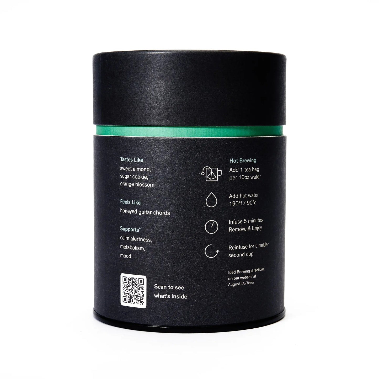 Tea canister back panel with taste notes, hot and iced brewing steps, and QR code