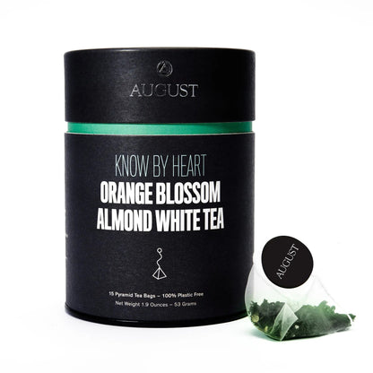Know By Heart orange blossom almond white tea canister, black with green band; 15 tea bags