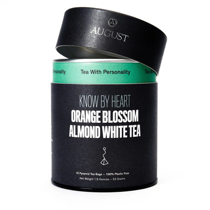 Know By Heart tea canister with open lid showing pyramid tea bags inside