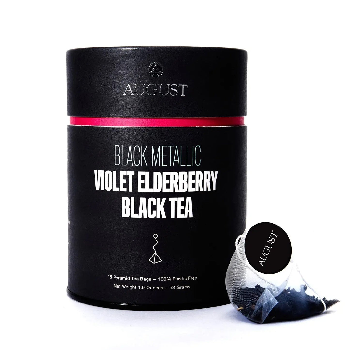 August black tea tin for violet elderberry, 15 pyramid tea bags, plastic-free