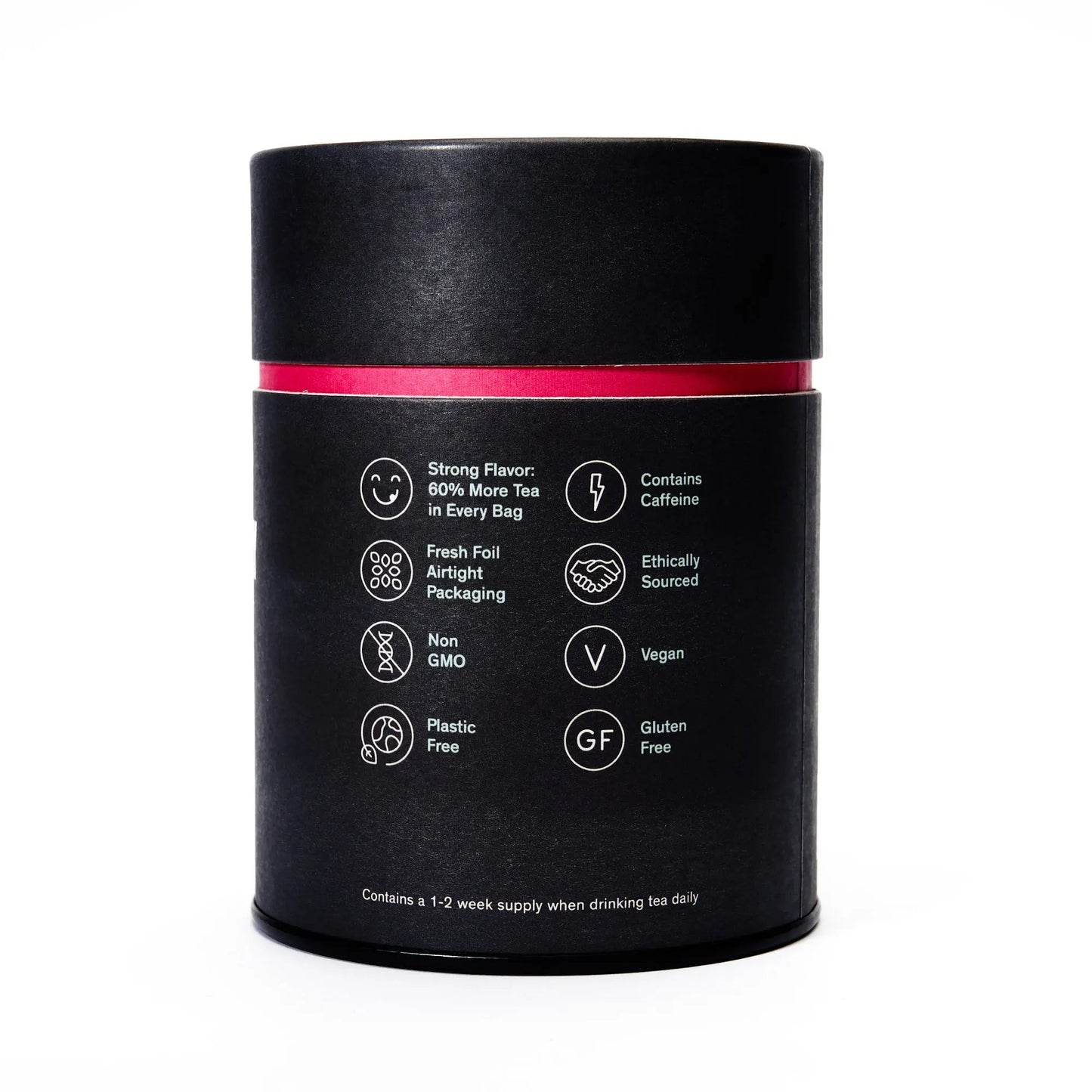 Black tea tin back with vegan, caffeine, and plastic-free icons
