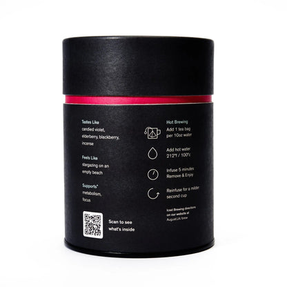 Black tea tin back with QR code and brewing instruction icons for pyramid tea bags