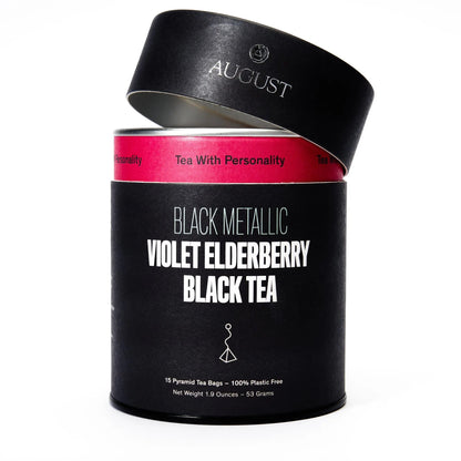 August tea tin with Black Metallic Violet Elderberry Black Tea label and red band