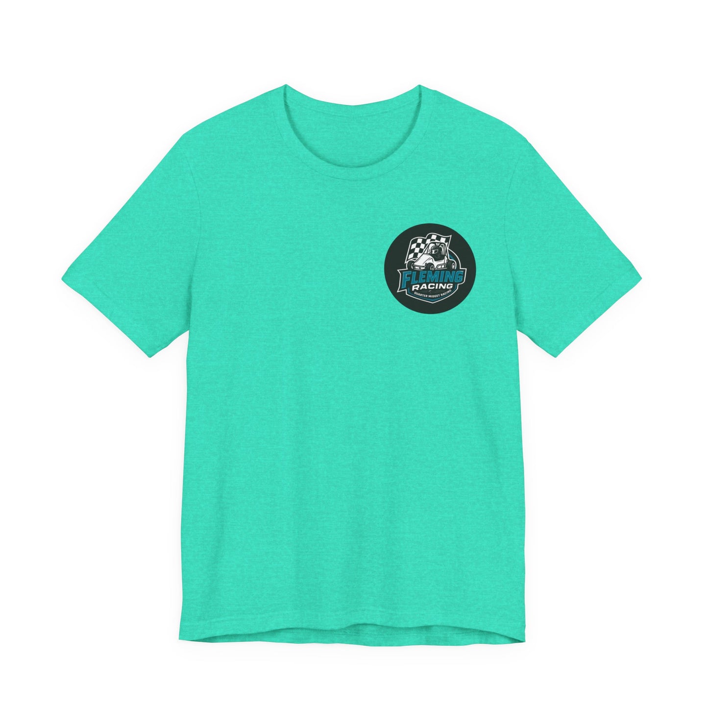 Turquoise racing logo T-shirt with circular car emblem on chest
