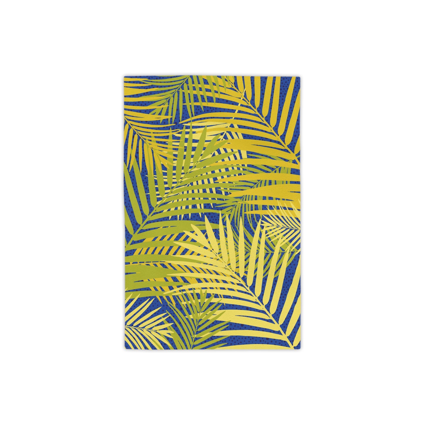 Beach towel with yellow base and blue tropical palm leaf pattern