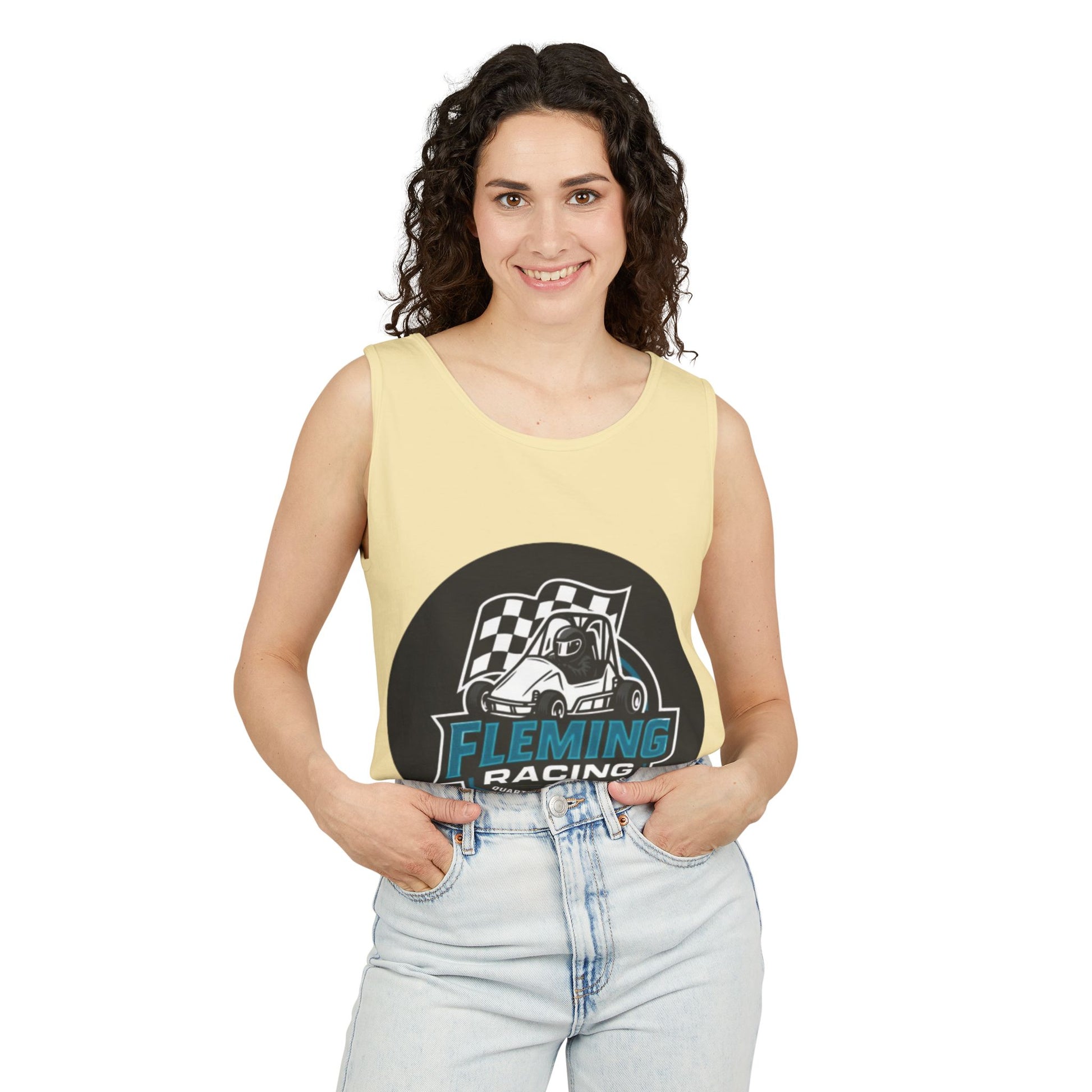 Light yellow racing tank top with round motorsports graphic print at chest